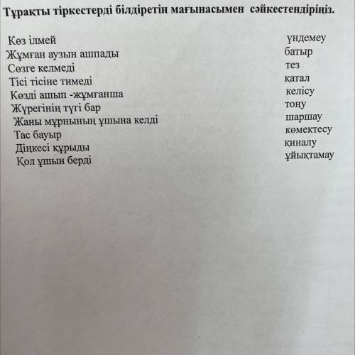 Тұрақты тіркестерді білдіретін мағынасымен сәйкестендіріңіз. Көз ілмей Жұмған аузын ашпады Сөзге кел