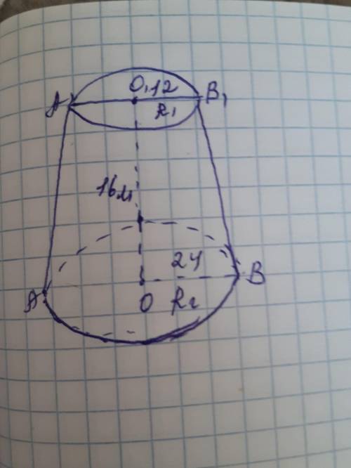 Радиус оснований усеченного конуса 12м и 24м высота 16м Выполните рисунок по условию задачи