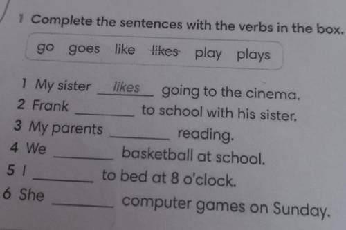 1 Complete the sentences with the verbs in the box. go goes like likes play plays 1 My sister likes 