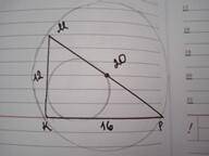 MKP - прямоугольный, K = 90, KM = 12, KP = 16. Найдите радиусы описанной и вписанной окружностей ( О