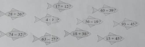 2. Сколько рыбок с примерами, ответы которых можно разделить на 6? 17 + 12 63 - 39 28 +260 4.) 56 - 