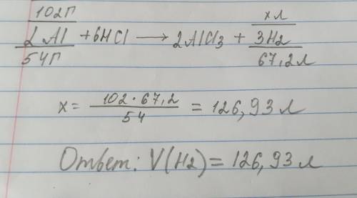 обчисліть обєм водню який виділяється при взаємодії 102 г алюмінію із хлоридною кислотою