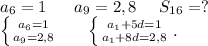 a_6=1\ \ \ \ \ a_9=2,8\ \ \ \ S_{16}=?\\\left \{ {{a_6=1} \atop {a_9=2,8}} \right. \ \ \ \ \ \left \{ {{a_1+5d=1} \atop {a_1+8d=2,8}} \right..\ \ \ \ \ \\