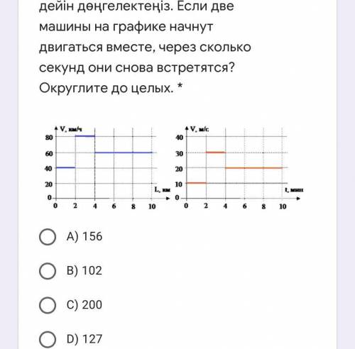 Если две машины на графике начнут двигаться вместе, через сколько секунд они снова встретятся? Округ