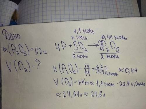 Какой объем кислорода должен прореагировать фосфором, чтобы получить 62г оксида фосфора (5).