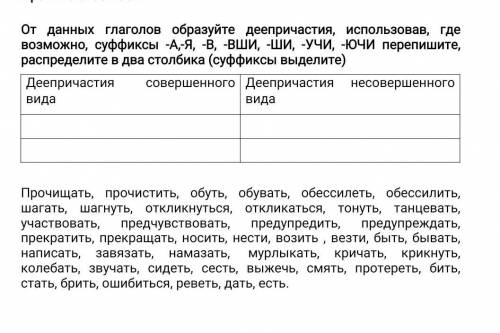 От данных глаголов образуйте деепричастия, использовав, где возможно, суффиксы -А,-Я, -В, -ВШИ, -ШИ,