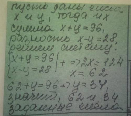 Сумма двух чисел равна 96, а их разность равна 28. Найдите эти числа. Прогу ,