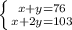 \left \{ {{x+y=76} \atop {x+2y=103}} \right.