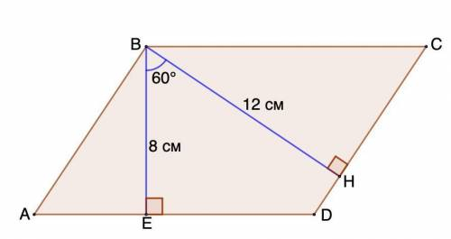 Кут між висотами паралелограма, проведеними з вершини тупого кута, дорівнює 60°. Знайдіть площу пара