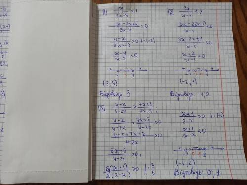 1)x/2x-4>1 2)3x/x-1<2 3)4-x/4-2x>7x+2/2x-4 Знайти цілі розв'язки нерівностей