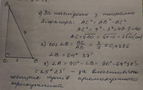 Розв'яжіть прямокутний трикутник, у якого: менший катет дорівнює 3 см, а гіпотенуза - 7 см.