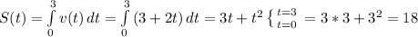 S(t)=\int\limits^3_0 v(t) \, dt=\int\limits^3_0 {(3+2t)} \, dt= 3t+t^{2} \left \{ {{t=3} \atop {t=0}} \right. =3*3+3^2=18