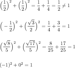 \Big(\dfrac{1}{2}\Big)^2+\Big(\dfrac{1}{2}\Big)^2=\dfrac{1}{4}+\dfrac{1}{4}=\dfrac{1}{2}\ne 1Big(-\dfrac{1}{2}\Big)^2+\Big(\dfrac{\sqrt3}{2}\Big)^2=\dfrac{1}{4}+\dfrac{3}{4}=1Big(\dfrac{\sqrt8}{5}\Big)^2+\Big(\dfrac{\sqrt{17}}{5}\Big)^2=\dfrac{8}{25}+\dfrac{17}{25}=1(-1)^2+0^2=1