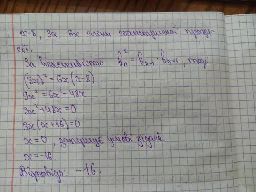 Укажіть ненульове значення х, за якого значення виразів x-8, 3x та 6х є послідовними членами геометр