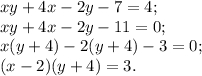 xy + 4x - 2y - 7 = 4;\\xy + 4x - 2y - 11 = 0;\\x(y + 4) - 2(y + 4) - 3 = 0;\\(x - 2)(y + 4) = 3.