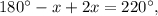 180^\circ - x + 2x = 220^\circ ,