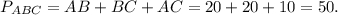 {P_{ABC}} = AB + BC + AC = 20 + 20 + 10 = 50.