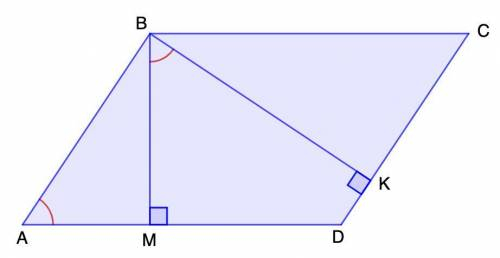 5. У паралелограмі ABCD з вершини тупого кута в проведено висоти BM i ВК. Доведіть, що кути МВК i BA