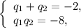 \left\{ \begin{array}{l}{q_1} + {q_2} = - 2,\\{q_1}{q_2} = - 8,\end{array} \right.