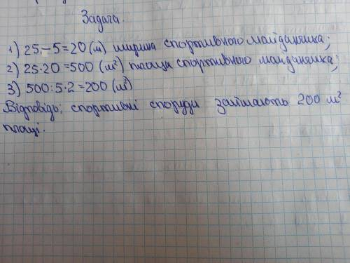 Спортивний майданчик має довжину 25 м,а ширину на 5 метрів меншу. 2/5 площі майданчика займають спор