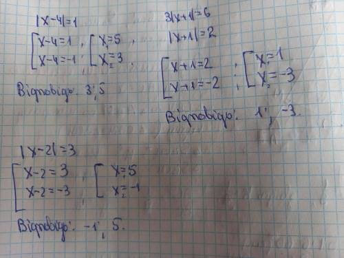Розв'яжіть рівняння: |x - 4| = 1; 3|x + 1| = 6; |x - 2| = 3;