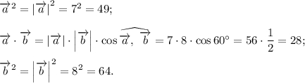 {\overrightarrow a ^2} = {\left| {\overrightarrow a } \right|^2} = {7^2} = 49;overrightarrow a \cdot \overrightarrow b = \left| {\overrightarrow a } \right| \cdot \left| {\overrightarrow b } \right| \cdot \cos \widehat {\overrightarrow a ,\,\,\overrightarrow b } = 7 \cdot 8 \cdot \cos 60^\circ = 56 \cdot \displaystyle\frac{1}{2} = 28;{\overrightarrow b ^2} = {\left| {\overrightarrow b } \right|^2} = {8^2} = 64.