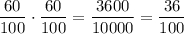 \dfrac{60}{100} \cdot \dfrac{60}{100}=\dfrac{3600}{10000}=\dfrac{36}{100}