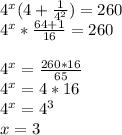 4^x(4+\frac{1}{4^2} )=260\\4^x *\frac{64+1}{16}=2604^x=\frac{260*16}{65} \\4^x=4*16\\4^x=4^3\\x=3