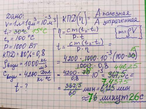 ТЕРМІНОВО)За який час нагріється 1л води від 15°С до 100°С при нормальному атмосферному тиску в елек