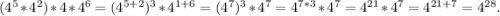 (4^5*4^2)*4*4^6=(4^{5+2})^3*4^{1+6}=(4^7)^3*4^7=4^{7*3}*4^7=4^{21}*4^7=4^{21+7}=4^{28}.