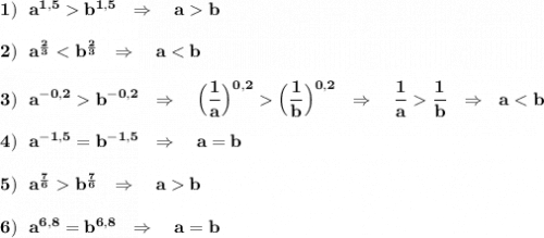 \bf 1)\ \ a^{1,5} b^{1,5}\ \ \Rightarrow \ \ \ a b 2)\ \ a^{\frac{2}{3}} < b^{\frac{2}{3}}\ \ \Rightarrow \ \ \ a < b 3)\ \ a^{-0,2} b^{-0,2}\ \ \Rightarrow \ \ \ \Big(\dfrac{1}{a}\Big)^{0,2} \Big(\dfrac{1}{b}\Big)^{0,2}\ \ \Rightarrow \ \ \ \dfrac{1}{a} \dfrac{1}{b}\ \ \Rightarrow \ \ a < b 4)\ \ a^{-1,5}=b^{-1,5}\ \ \Rightarrow \ \ \ a=b 5)\ \ a^{\frac{7}{6}} b^{\frac{7}{6}}\ \ \Rightarrow \ \ \ a b 6)\ \ a^{6,8}=b^{6,8}\ \ \Rightarrow \ \ \ a=b