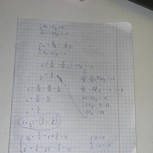 { 16x + 5y = 9 { 6x − 25y = −2